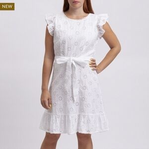 LOFT lace tie waist white sleeveless dress
